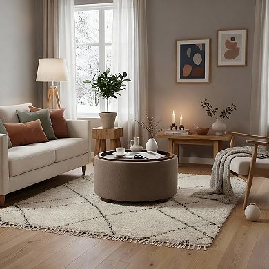 30" Round Storage Ottoman Coffee Table with Lift-off Lid and Solid Wood Legs