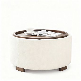 30" Round Storage Ottoman Coffee Table with Lift-off Lid and Solid Wood Legs