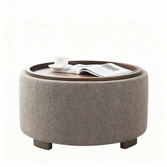 30" Round Storage Ottoman Coffee Table with Lift-off Lid and Solid Wood Legs