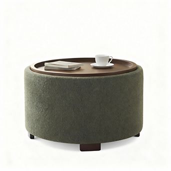 30" Round Storage Ottoman Coffee Table with Lift-off Lid and Solid Wood Legs