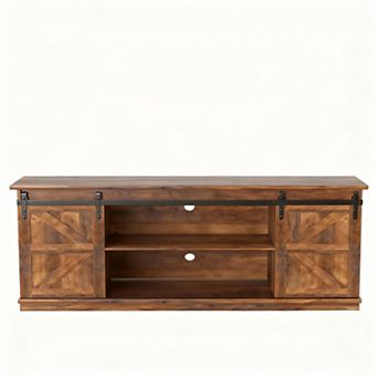 Mid Century Modern Farmhouse TV Stand, 65" TV Support, Storage Cabinets, Sliding Barn Doors