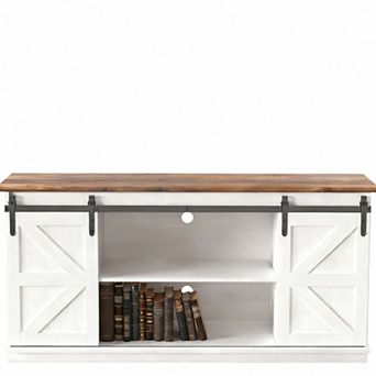 Mid Century Modern Farmhouse TV Stand, 65" TV Support, Storage Cabinets, Sliding Barn Doors
