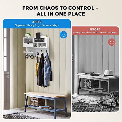 Multi-Use Wall Organizer with Hooks, Chalkboard, Drawer, and Adjustable Shelf