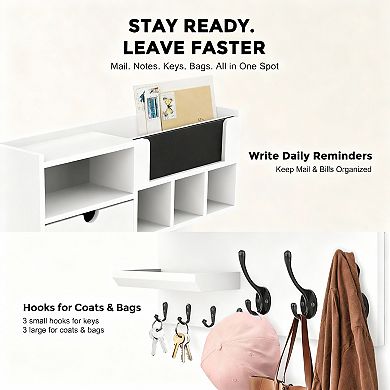 Multi-Use Wall Organizer with Hooks, Chalkboard, Drawer, and Adjustable Shelf