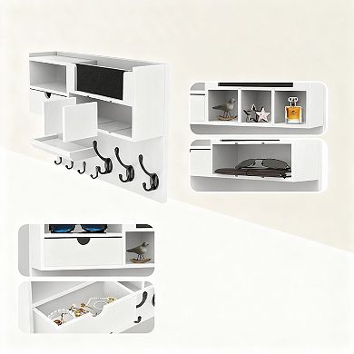 Multi-Use Wall Organizer with Hooks, Chalkboard, Drawer, and Adjustable Shelf