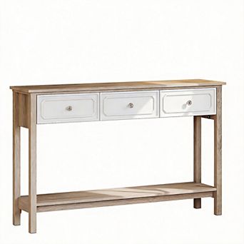 With 3 drawers and open shelves, a console table behind the sofa, and a table. Suitable for the hall