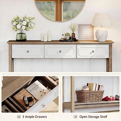 With 3 drawers and open shelves, a console table behind the sofa, and a table. Suitable for the hall