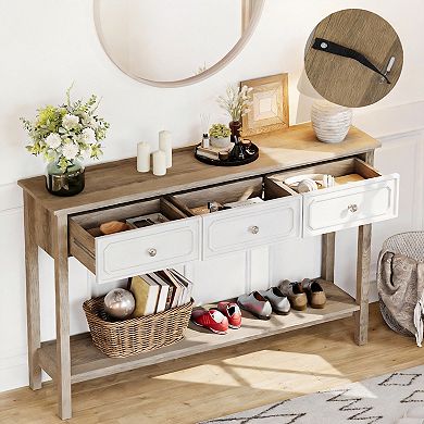 With 3 drawers and open shelves, a console table behind the sofa, and a table. Suitable for the hall