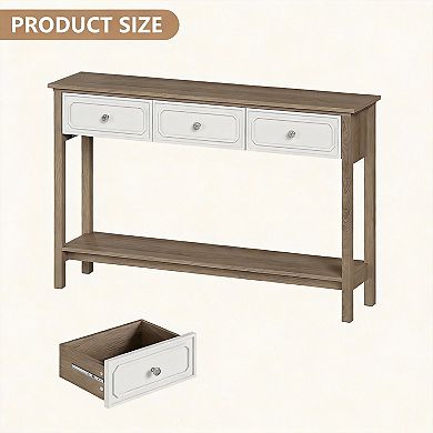 With 3 drawers and open shelves, a console table behind the sofa, and a table. Suitable for the hall