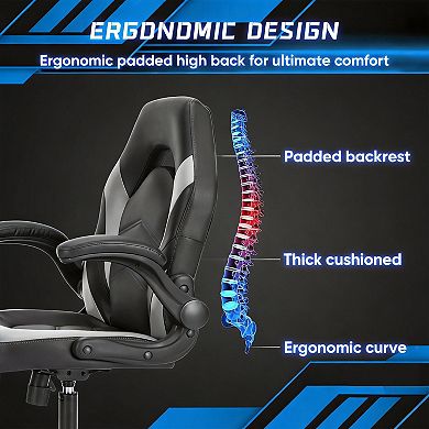 Ergonomic Gaming Chair with Lumbar Support, PU Leather, Flip-up Armrests, Adjustable Height, 360° Wh