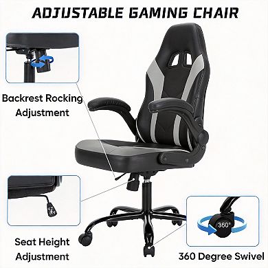 Ergonomic Gaming Chair with Lumbar Support, PU Leather, Flip-up Armrests, Adjustable Height, 360° Wh