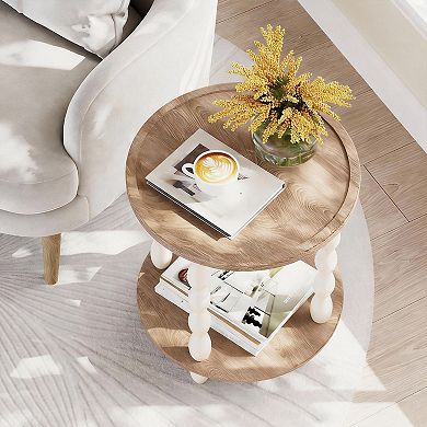 Handcrafted Rustic Round End Table with 2-Tier Storage