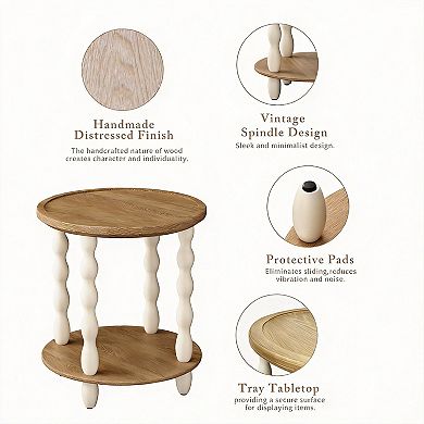 Handcrafted Rustic Round End Table with 2-Tier Storage