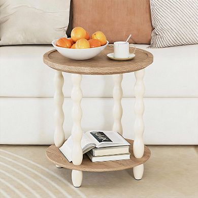 Handcrafted Rustic Round End Table with 2-Tier Storage