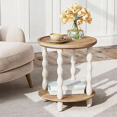 Handcrafted Rustic Round End Table with 2-Tier Storage