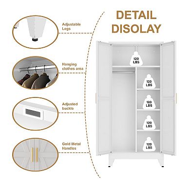 Metal Wardrobe Closet 71" Tall with Hanging Rods and Adjustable Shelves
