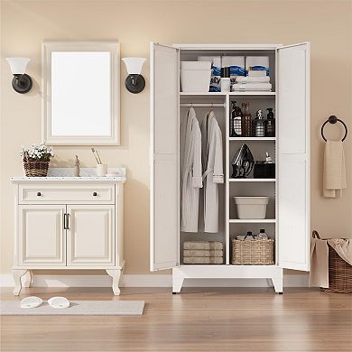 Metal Wardrobe Closet 71" Tall with Hanging Rods and Adjustable Shelves