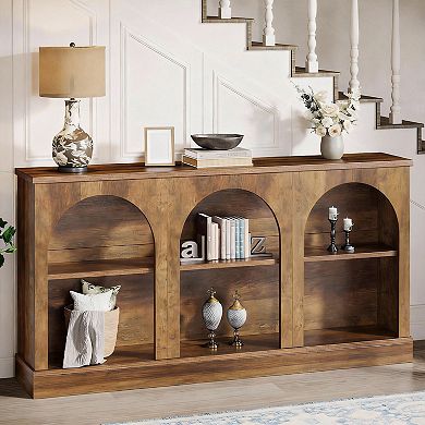 Farmhouse-style entryway table with display cabinet. 63 inches long, with storage, suitable for hall