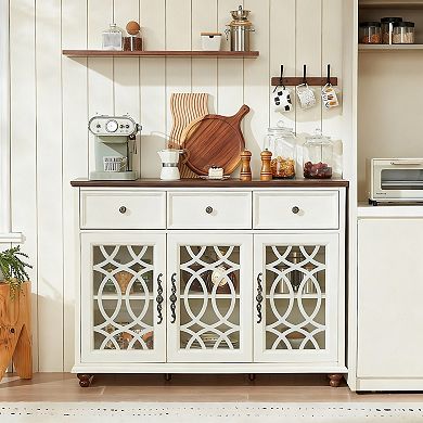 Farmhouse 48" Sideboard Cabinet with HD Glass, 3 Drawers, Adjustable Shelves, Multi-Use