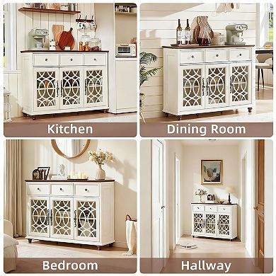 Farmhouse 48" Sideboard Cabinet with HD Glass, 3 Drawers, Adjustable Shelves, Multi-Use