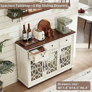 Farmhouse 48" Sideboard Cabinet with HD Glass, 3 Drawers, Adjustable Shelves, Multi-Use