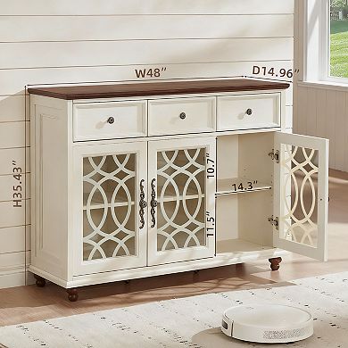 Farmhouse 48" Sideboard Cabinet with HD Glass, 3 Drawers, Adjustable Shelves, Multi-Use