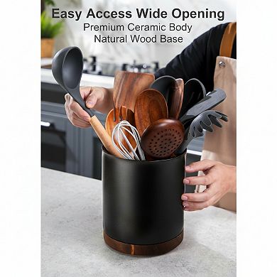 Rotating Ceramic Utensil Holder with Cork Bottom for Kitchen Countertop