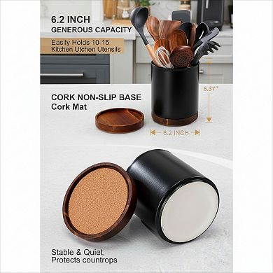 Rotating Ceramic Utensil Holder with Cork Bottom for Kitchen Countertop