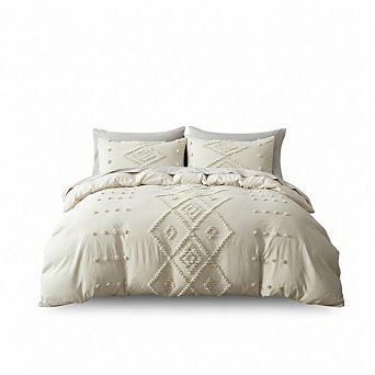 Tufted Queen Duvet Cover Set, 3 pc Boho Embroidery Lightweight & Soft, Beige
