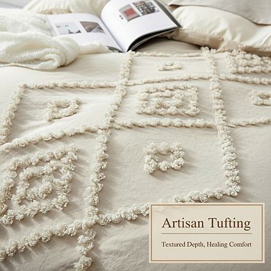 Tufted Queen Duvet Cover Set, 3pc Boho Embroidery Lightweight & Soft, Beige