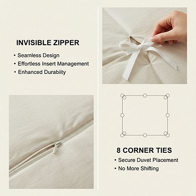 Tufted Queen Duvet Cover Set, 3pc Boho Embroidery Lightweight & Soft, Beige