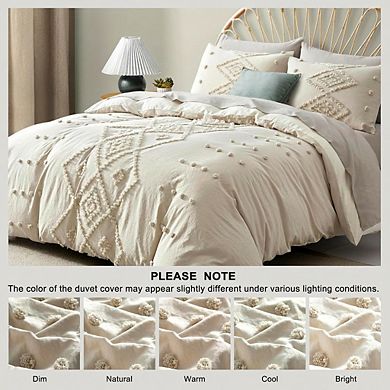 Tufted Queen Duvet Cover Set, 3pc Boho Embroidery Lightweight & Soft, Beige