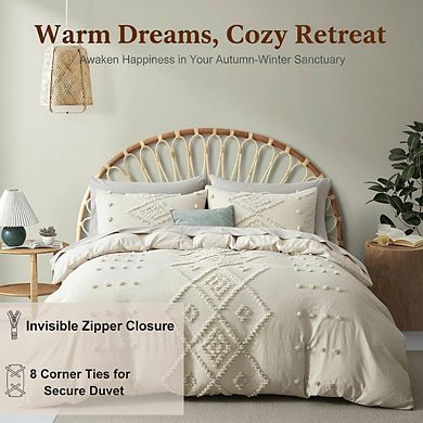 Tufted Queen Duvet Cover Set, 3pc Boho Embroidery Lightweight & Soft, Beige
