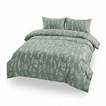 Full Size Reversible Floral Duvet Cover, 3 pc Green Botanical Soft Microfiber Set