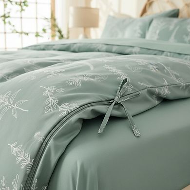 Full Size Reversible Floral Duvet Cover, 3pc Green Botanical Soft Microfiber Set