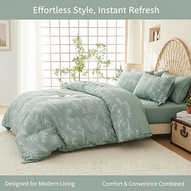 Full Size Reversible Floral Duvet Cover, 3pc Green Botanical Soft Microfiber Set