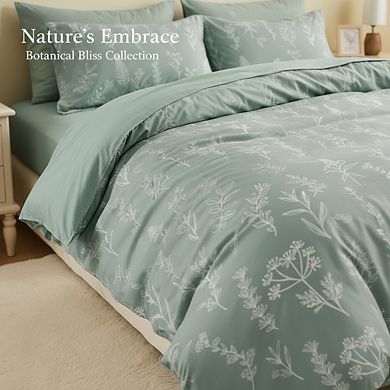 Full Size Reversible Floral Duvet Cover, 3pc Green Botanical Soft Microfiber Set