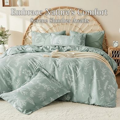 Full Size Reversible Floral Duvet Cover, 3pc Green Botanical Soft Microfiber Set