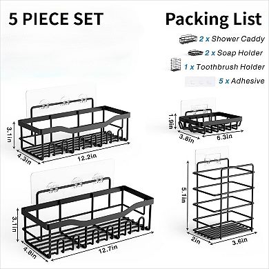 Rustproof Stainless Steel Shower Caddy Set 5 Pack No Drill Adhesive