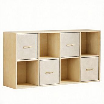 Solid wood 8-compartment storage cabinet. Includes 4 fabric storage boxes, versatile and suitable fo