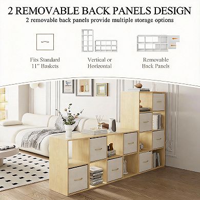 Solid wood 8-compartment storage cabinet. Includes 4 fabric storage boxes, versatile and suitable fo