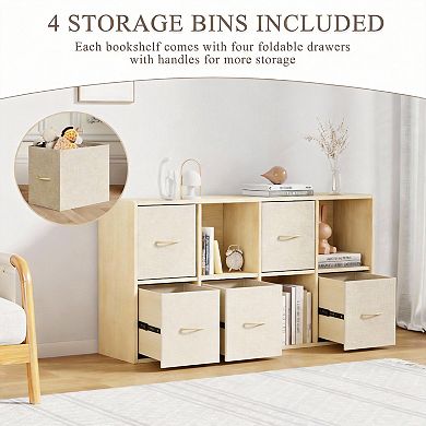 Solid wood 8-compartment storage cabinet. Includes 4 fabric storage boxes, versatile and suitable fo