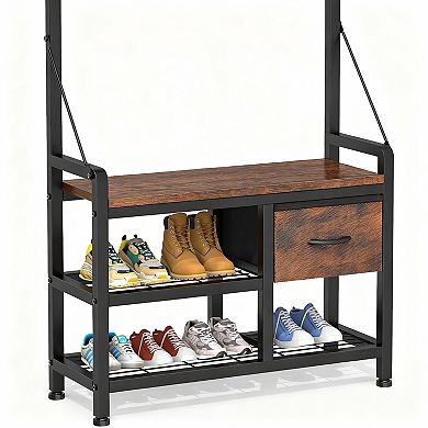 Coat rack with 17 hooks, 2 racks, and 2 drawers, and a shoe bench.