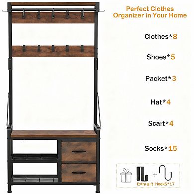 Coat rack with 17 hooks, 2 racks, and 2 drawers, and a shoe bench.