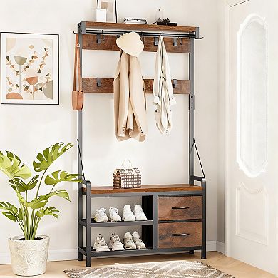 Coat rack with 17 hooks, 2 racks, and 2 drawers, and a shoe bench.
