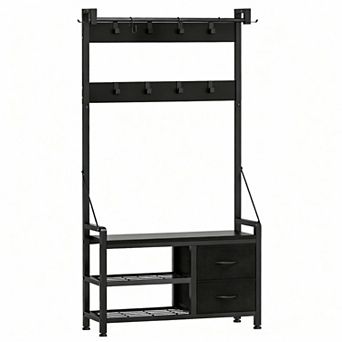 Coat rack with 17 hooks, 2 racks, and 2 drawers, and a shoe bench.