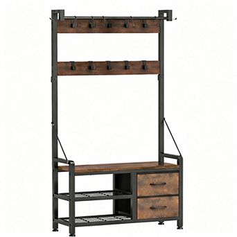 Coat rack with 17 hooks, 2 racks, and 2 drawers, and a shoe bench.