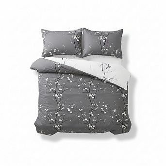 Reversible Floral Duvet Cover Queen, Brushed Microfiber Grey/White Plum Blossom