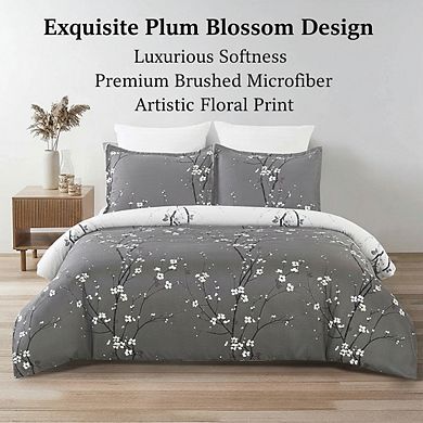 Reversible Floral Duvet Cover Queen, Brushed Microfiber Grey/White Plum Blossom