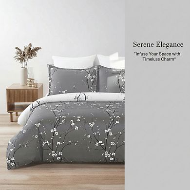 Reversible Floral Duvet Cover Queen, Brushed Microfiber Grey/White Plum Blossom
